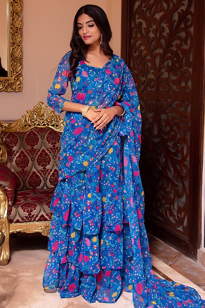 Blue Georgette Printed Draped Sharara Festive Saree Set by Calmna at Pernia's Pop Up Shop