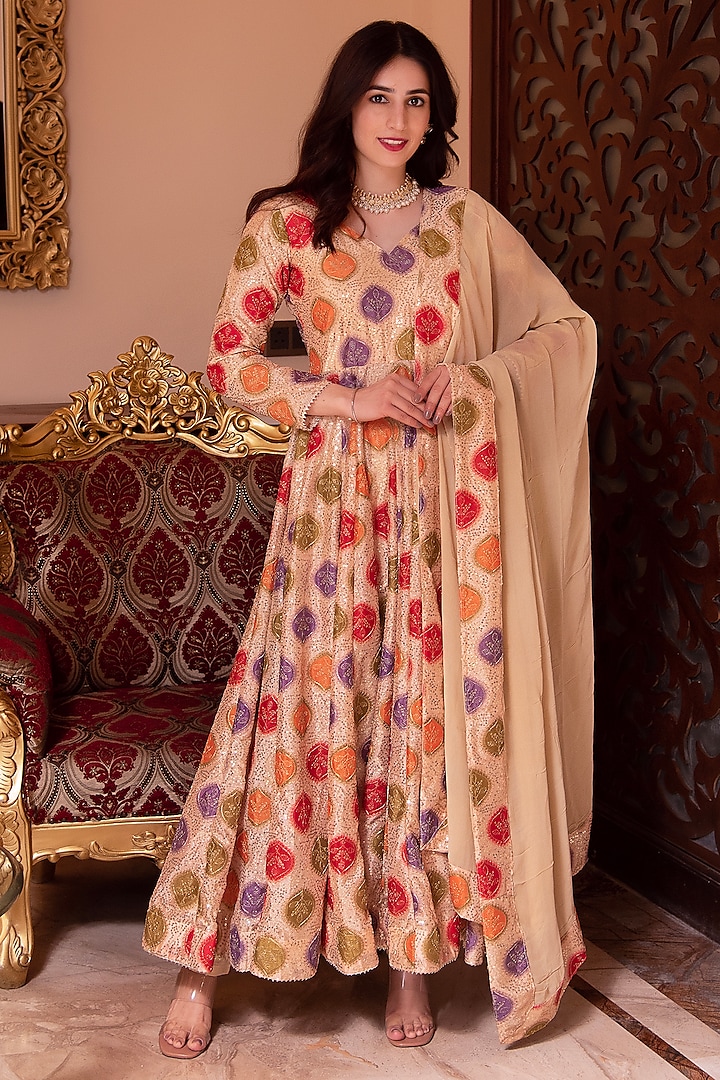 Beige Poly Viscose Printed Anarkali Set by Calmna at Pernia's Pop Up Shop