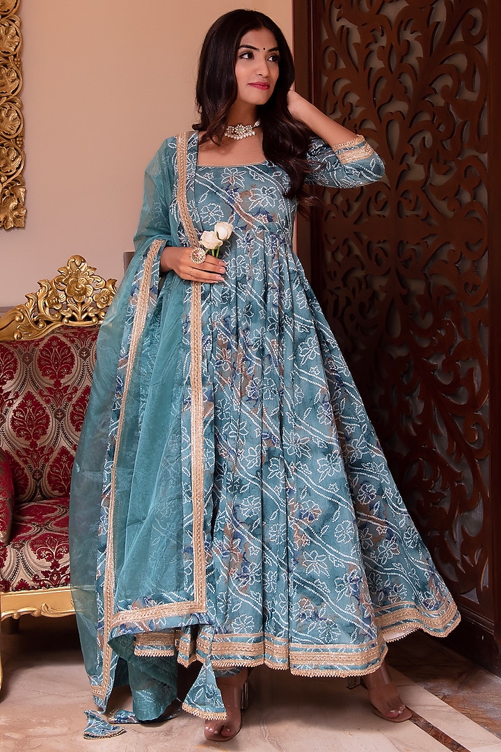 Blue Cotton Gota Patti Embroidered & Printed Anarkali Set by Calmna at Pernia's Pop Up Shop