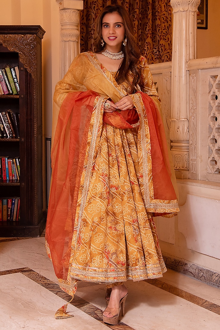 Yellow Cotton Gota Patti Embroidered & Printed Anarkali Set by Calmna at Pernia's Pop Up Shop