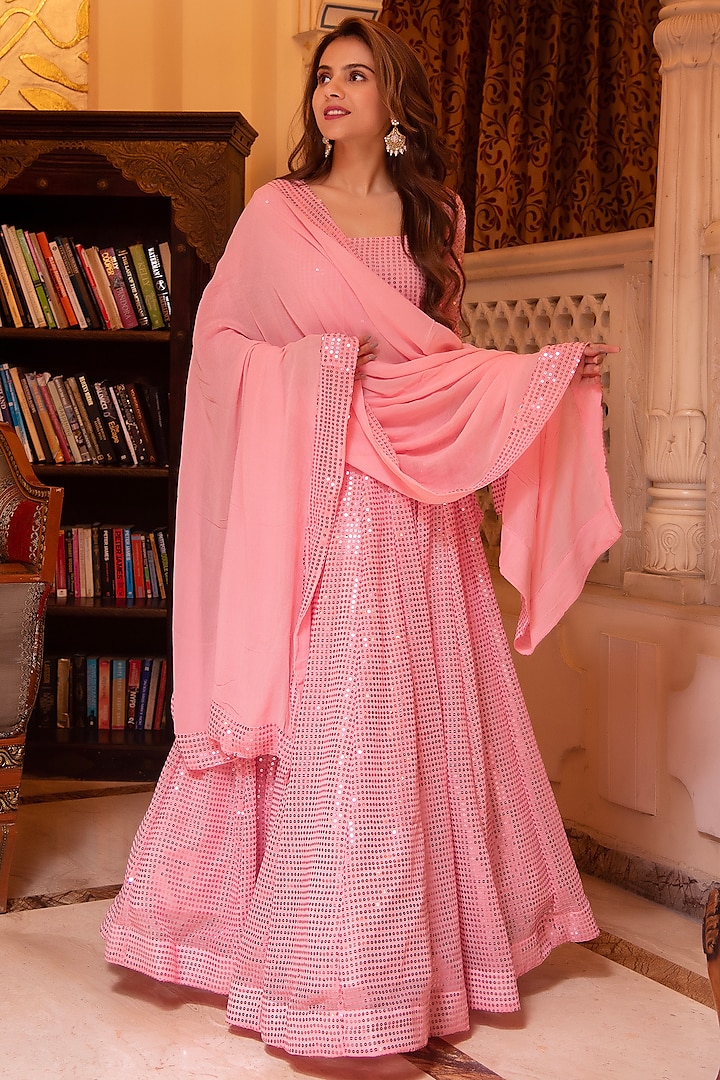 Pink Georgette Sequins Embellished Lehenga Set by Calmna at Pernia's Pop Up Shop