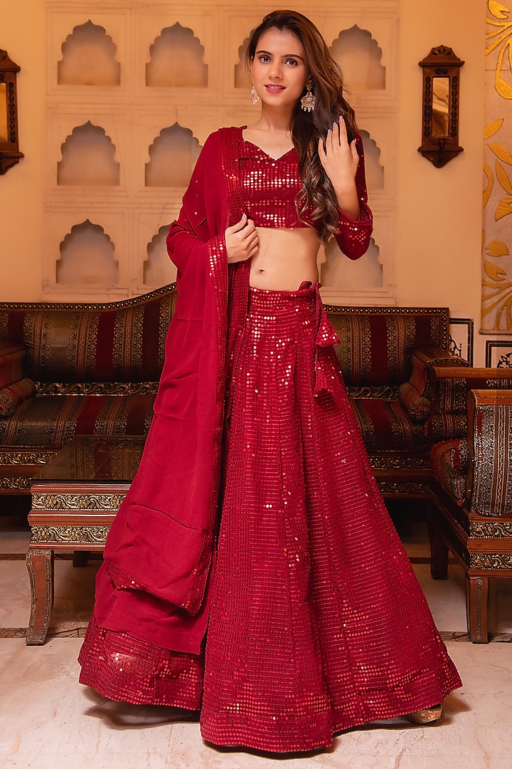 Red Georgette Sequins Embellished Lehenga Set by Calmna at Pernia's Pop Up Shop