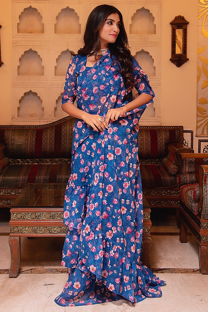 Periwinkle Blue Georgette Printed Draped Saree Set by Calmna