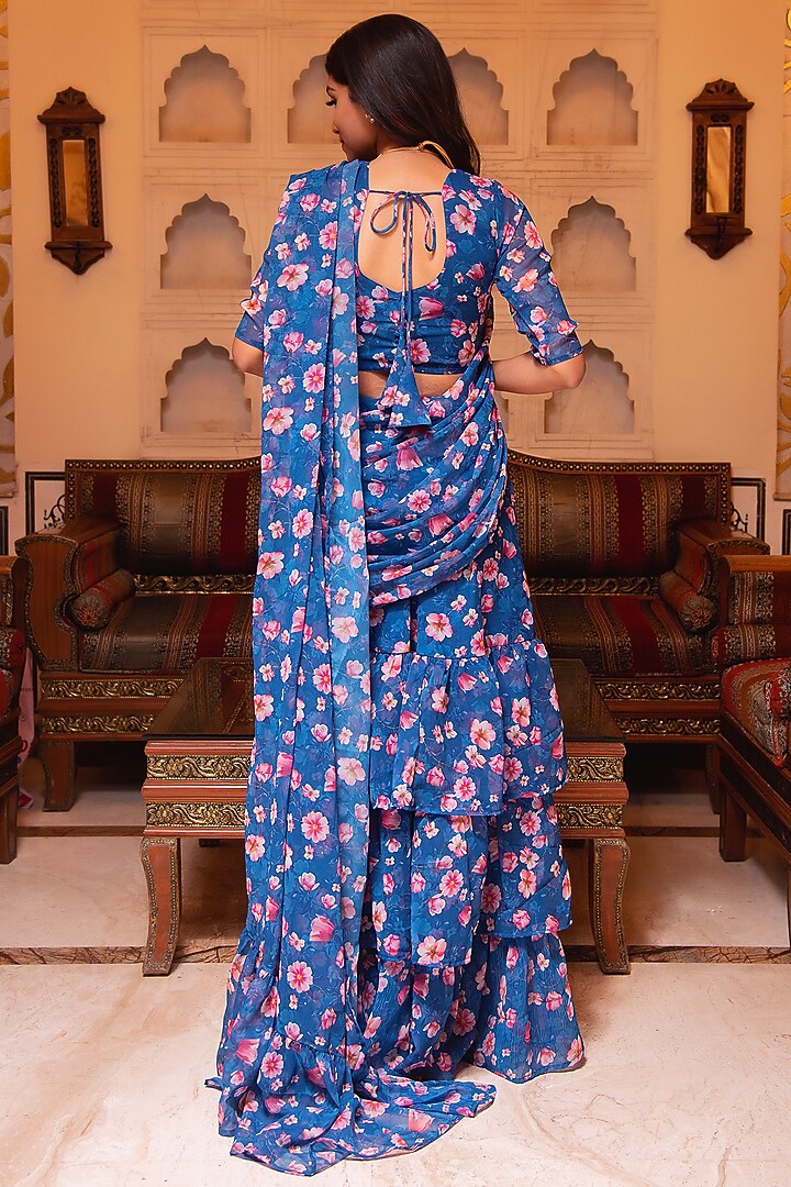 Periwinkle Blue Georgette Printed Draped Festive Saree Set by Calmna at Pernia's Pop Up Shop