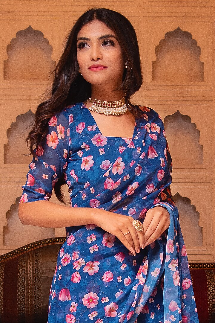 Periwinkle Blue Georgette Printed Draped Festive Saree Set by Calmna at Pernia's Pop Up Shop