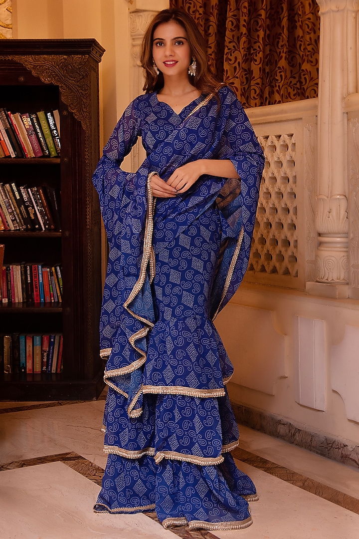 Pearl Blue Georgette Printed Draped Saree Set by Calmna