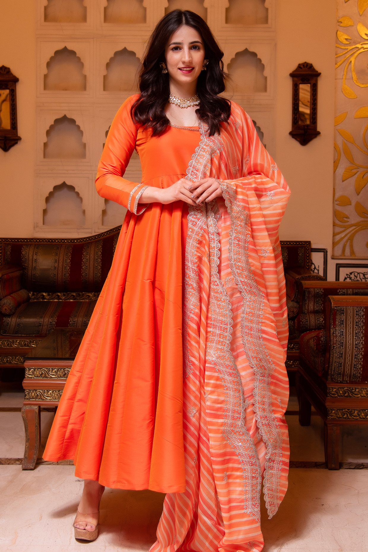 Orange shop anarkali suit