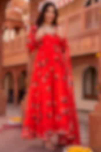 Tomato Red Chiffon Floral Printed Anarkali Set by Calmna at Pernia's Pop Up Shop