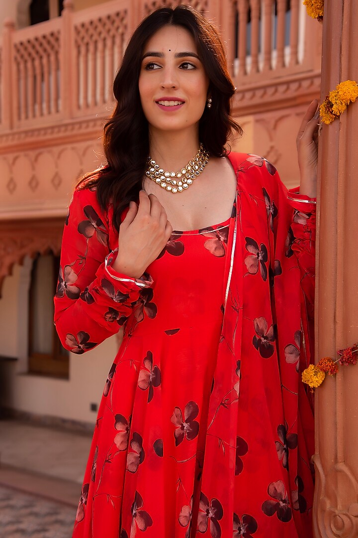 Tomato Red Chiffon Floral Printed Anarkali Set by Calmna at Pernia's Pop Up Shop