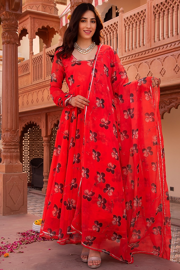Tomato Red Chiffon Floral Printed Anarkali Set by Calmna at Pernia's Pop Up Shop