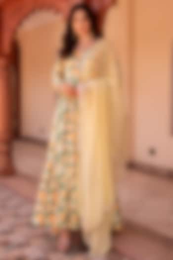 Yellow & Green Rayon Embroidered Anarkali Set by Calmna at Pernia's Pop Up Shop