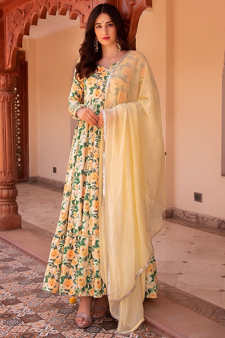 Yellow & Green Rayon Embroidered Anarkali Set by Calmna at Pernia's Pop Up Shop