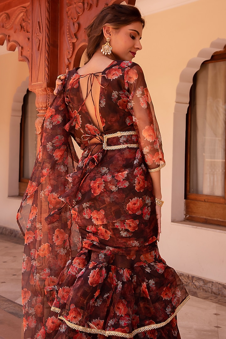 Brown Organza Printed Pre-Stitched Festive Saree Set by Calmna at Pernia's Pop Up Shop