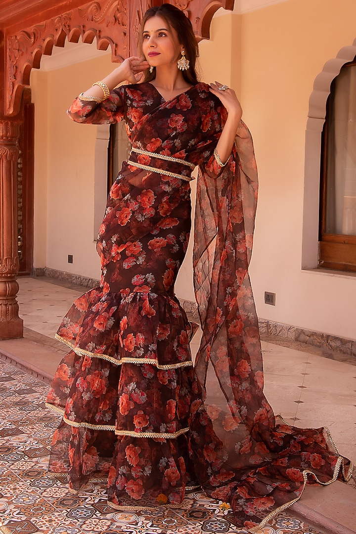 Brown Organza Printed Pre-Stitched Festive Saree Set by Calmna at Pernia's Pop Up Shop