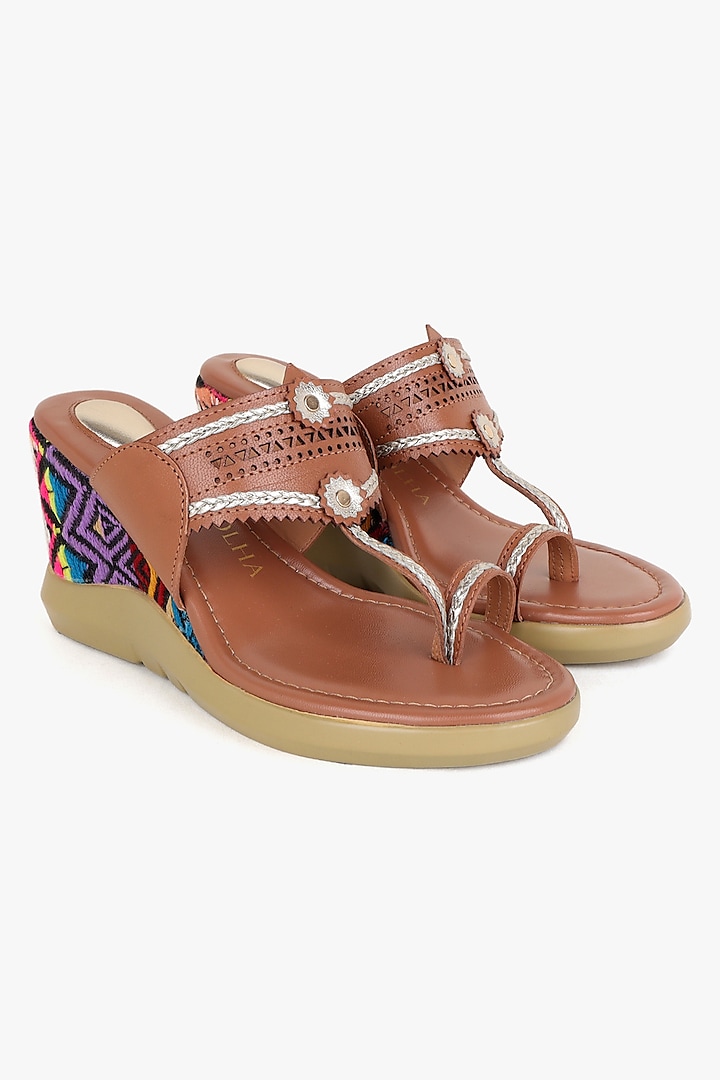 Brown Leather Handwoven Wedges by Kolha by Carlton