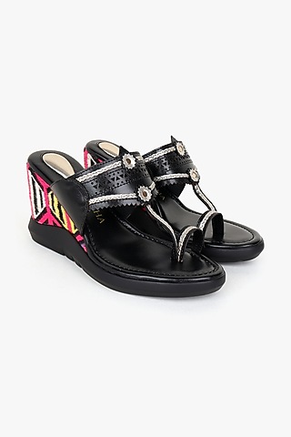 Black Leather Handwoven Wedges by Kolha by Carlton