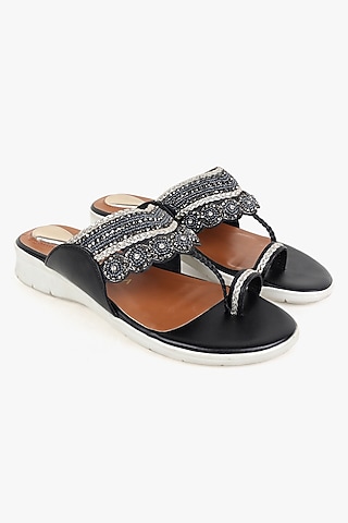 Black Leather Hand Embroidered Slipon Flats by Kolha by Carlton