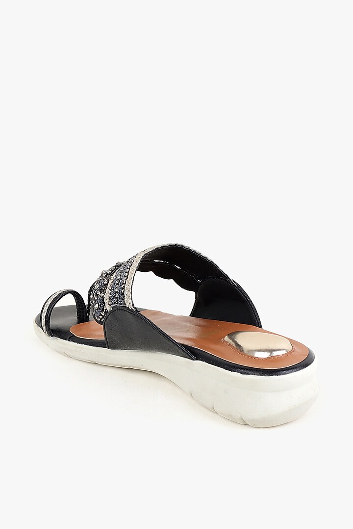 Black Leather Hand Embroidered Slipon Flats by Kolha by Carlton at Pernia's Pop Up Shop
