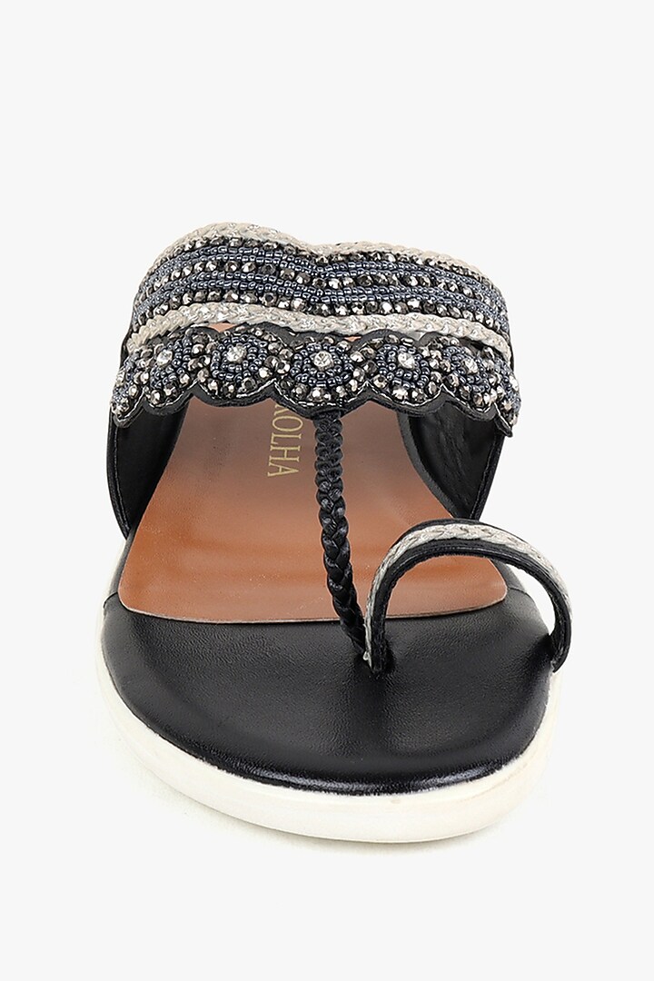 Black Leather Hand Embroidered Slipon Flats by Kolha by Carlton at Pernia's Pop Up Shop