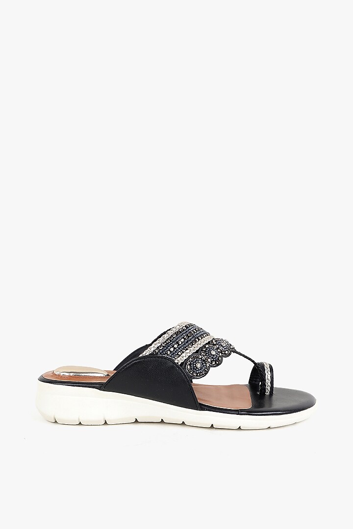 Black Leather Hand Embroidered Slipon Flats by Kolha by Carlton at Pernia's Pop Up Shop