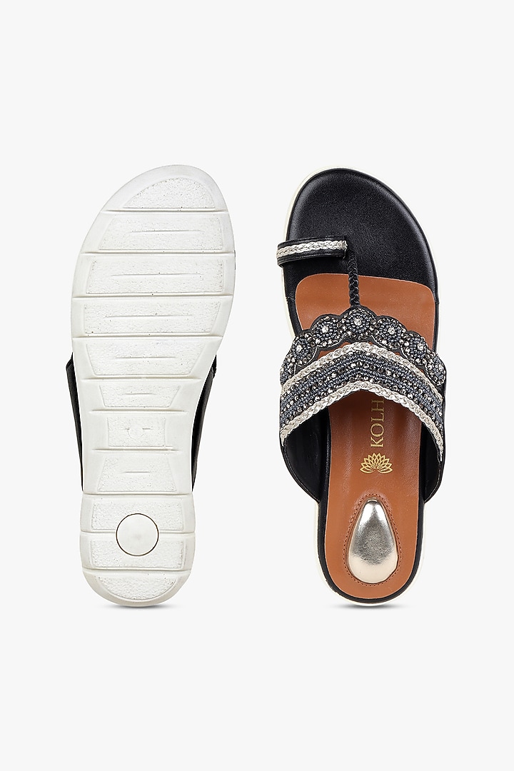 Black Leather Hand Embroidered Slipon Flats by Kolha by Carlton at Pernia's Pop Up Shop