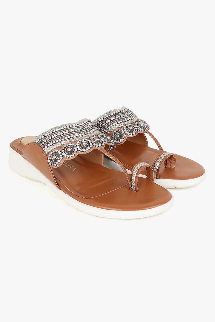 Brown Leather Hand Embroidered Flats by Kolha by Carlton at Pernia's Pop Up Shop