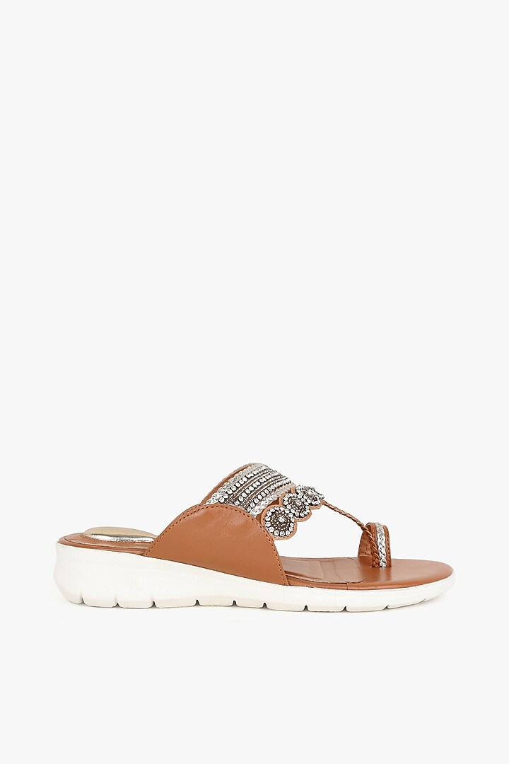 Brown Leather Hand Embroidered Flats by Kolha by Carlton at Pernia's Pop Up Shop