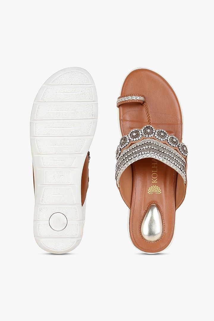 Brown Leather Hand Embroidered Flats by Kolha by Carlton at Pernia's Pop Up Shop