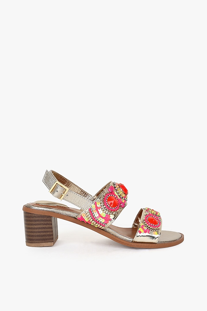 Gold Leather Hand Embroidered Heels by Kolha by Carlton at Pernia's Pop Up Shop