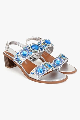 Silver Leather Hand Embroidered Heels by Kolha by Carlton