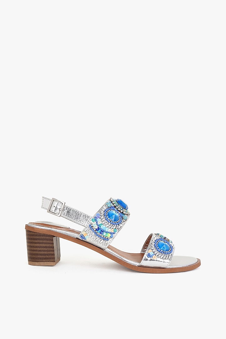 Silver Leather Hand Embroidered Heels by Kolha by Carlton at Pernia's Pop Up Shop