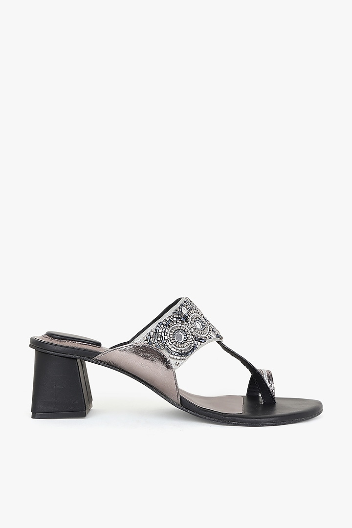 Black Leather Hand Embroidered Heels by Kolha by Carlton at Pernia's Pop Up Shop