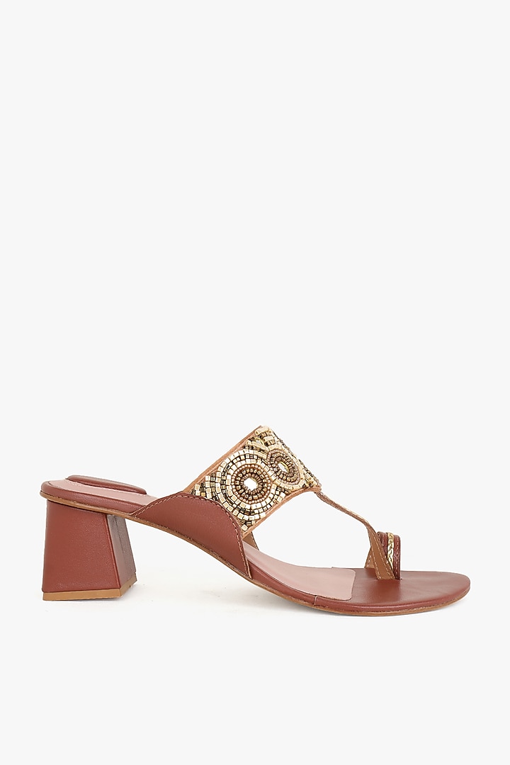 Brown Leather Hand Embroidered Heels by Kolha by Carlton at Pernia's Pop Up Shop