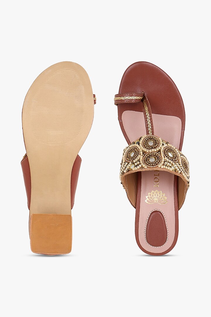 Brown Leather Hand Embroidered Heels by Kolha by Carlton at Pernia's Pop Up Shop