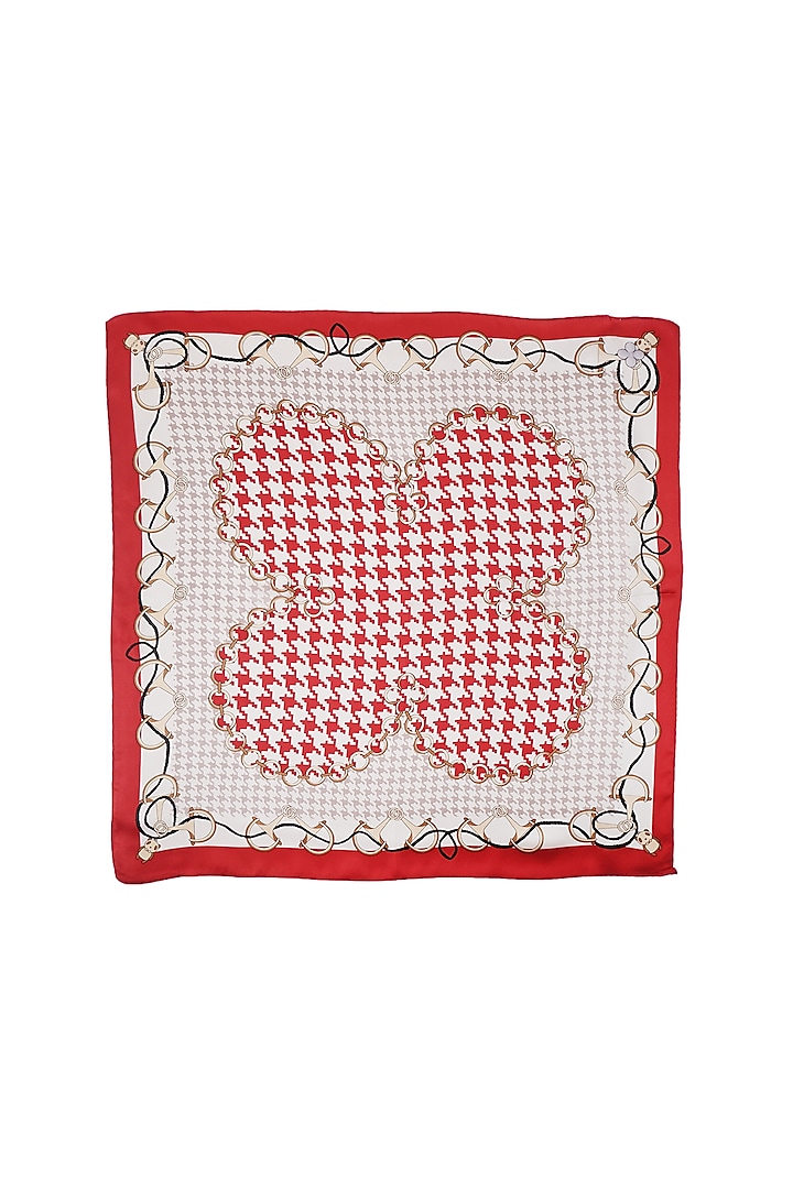 White & Red Silk Printed Pocket Square by Canzoni