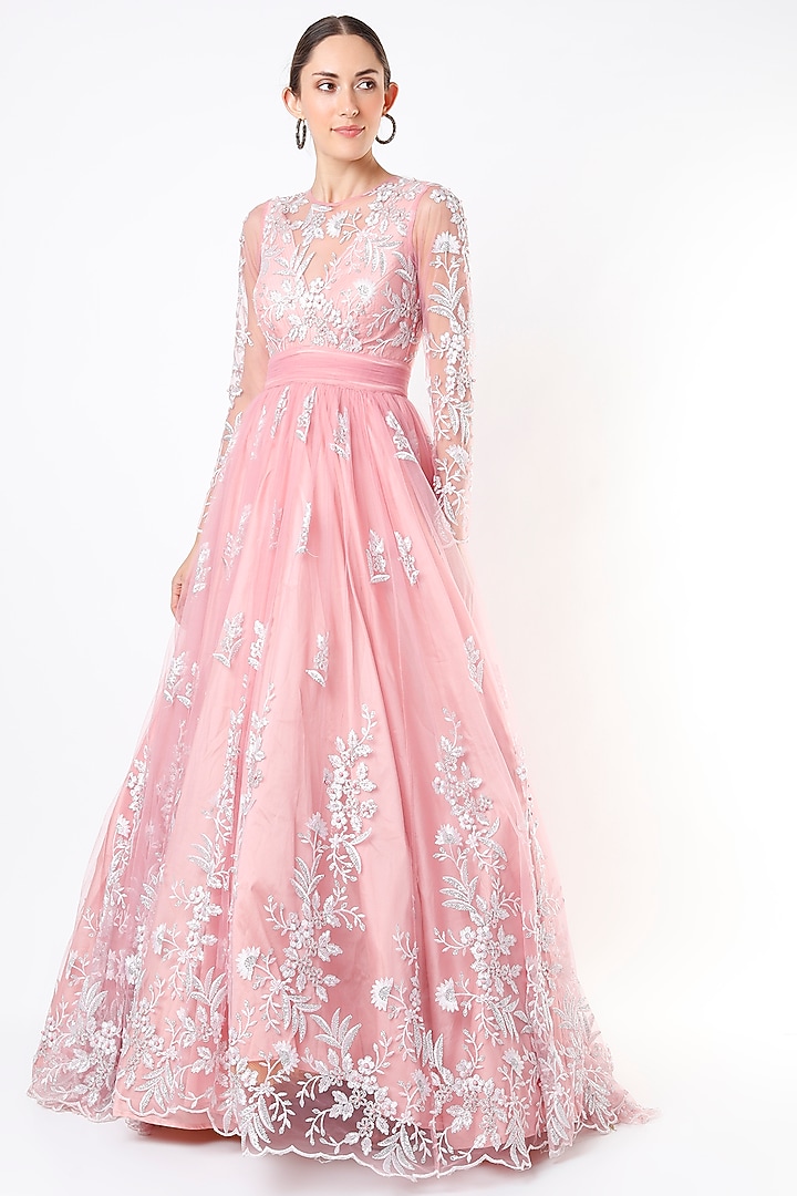 Powder Pink Embroidered Party Wear Gown by Cedar and Pine at Pernia's Pop Up Shop