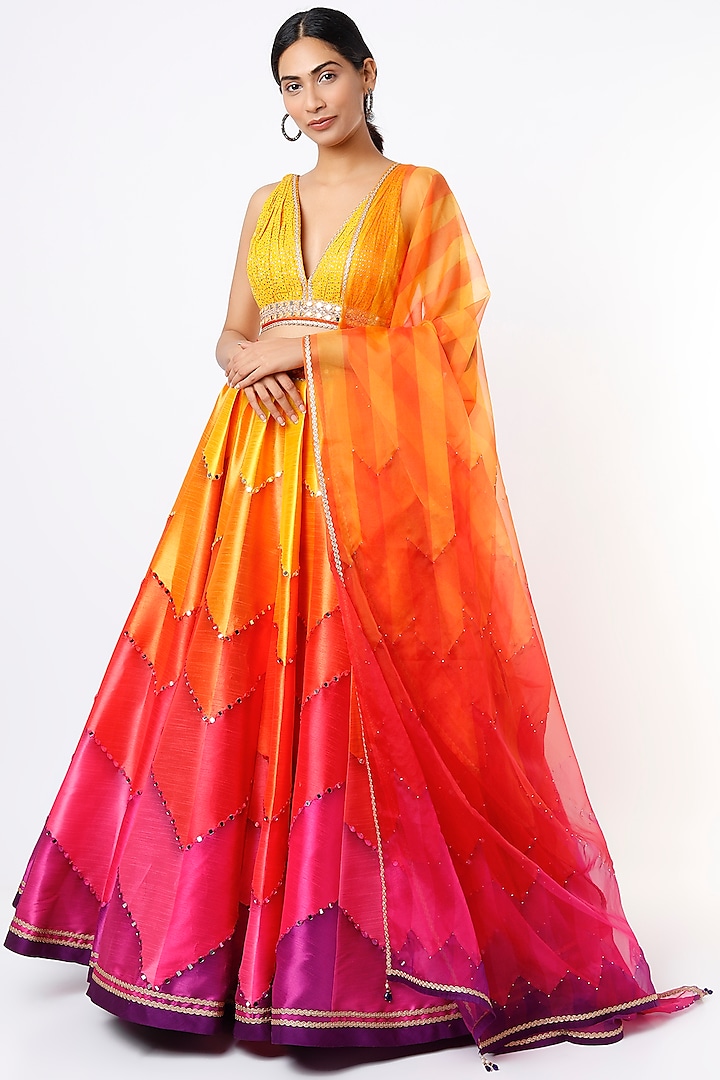 Multi-Colored Embroidered Lehenga Set by Cedar and Pine