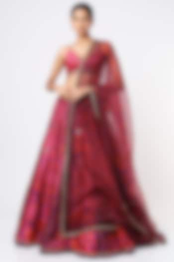 Fuchsia Embroidered & Printed Wedding Lehenga Set by Cedar and Pine at Pernia's Pop Up Shop