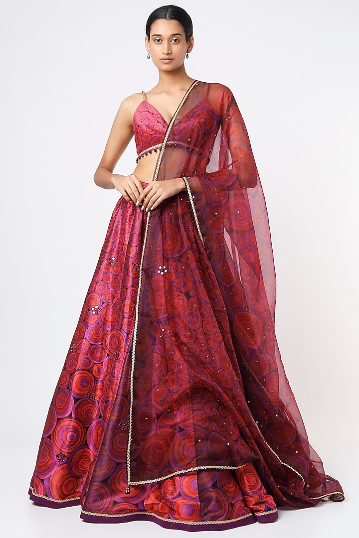 Fuchsia Embroidered & Printed Wedding Lehenga Set by Cedar and Pine at Pernia's Pop Up Shop