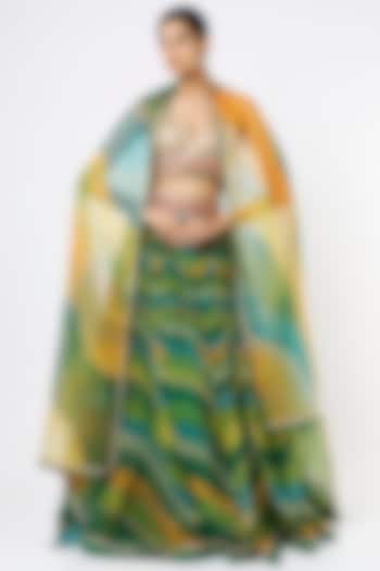 Forest Green & Citrus Yellow Printed & Embroidered Wedding Lehenga Set by Cedar and Pine at Pernia's Pop Up Shop