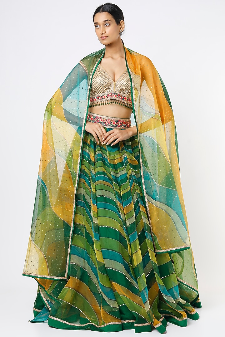 Forest Green & Citrus Yellow Printed & Embroidered Wedding Lehenga Set by Cedar and Pine at Pernia's Pop Up Shop