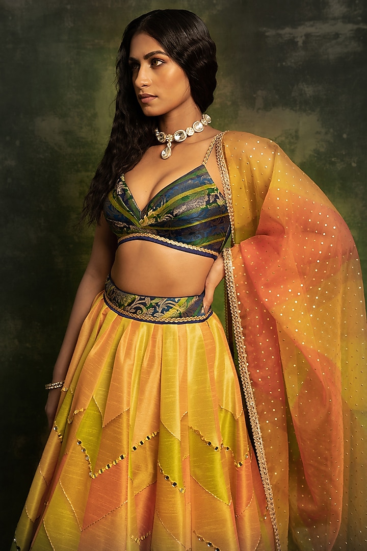 Multi Colored Dupion Embroidered Lehenga Set Design By Cedar And Pine