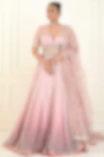 Petal Pink Tulle Embroidered Wedding Lehenga Set by Cedar and Pine at Pernia's Pop Up Shop