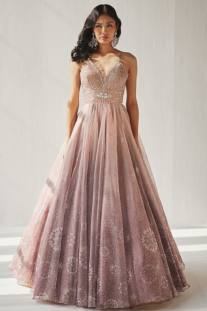 Pale Lilac Net & Organza Embroidered Engagement Gown by Cedar and Pine at Pernia's Pop Up Shop