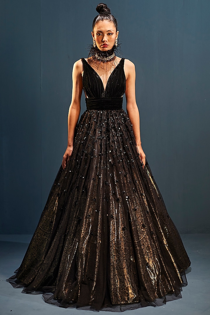 Black Net & Velvet Embroidered Gown by Cedar and Pine
