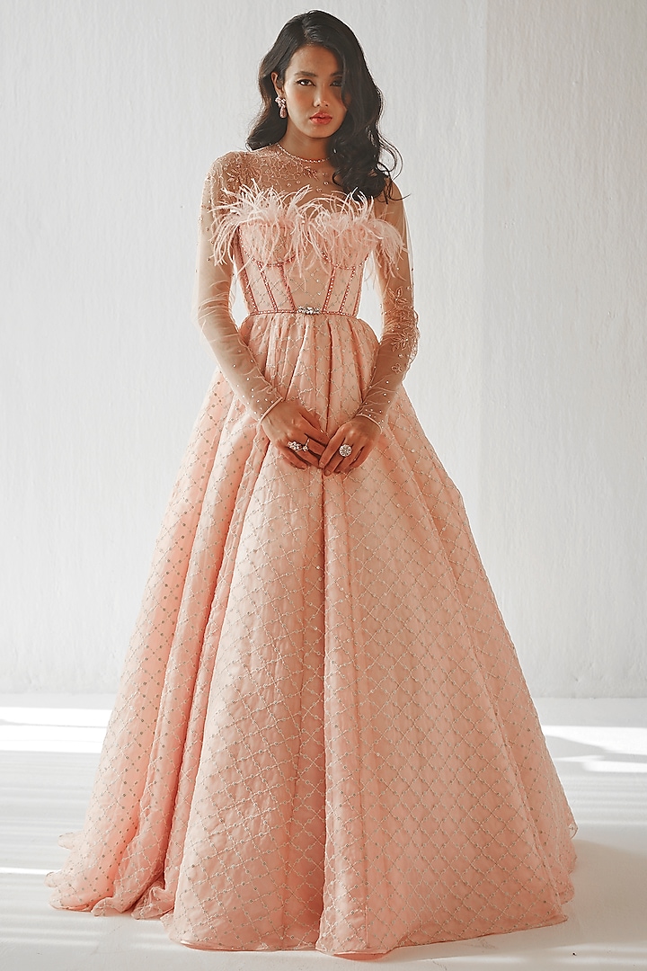 Blush Pink Organza & Net Embroidered Gown by Cedar and Pine