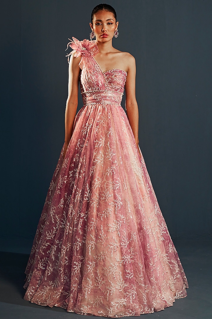 Pink Organza Embroidered One-Shoulder Gown by Cedar and Pine at Pernia's Pop Up Shop