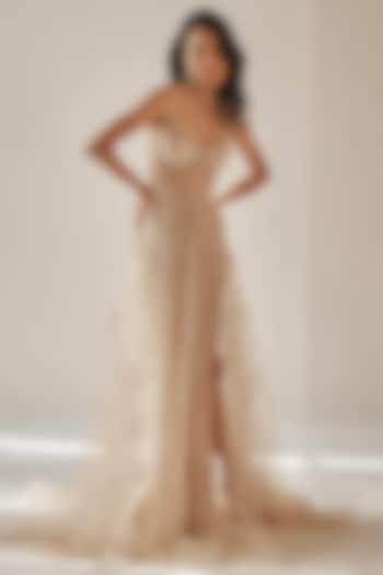 Nude Tulle & Net Embroidered Gown by Cedar and Pine