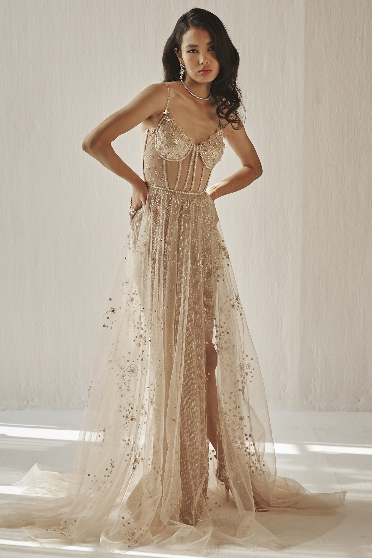 Nude Tulle & Net Embroidered Gown by Cedar and Pine