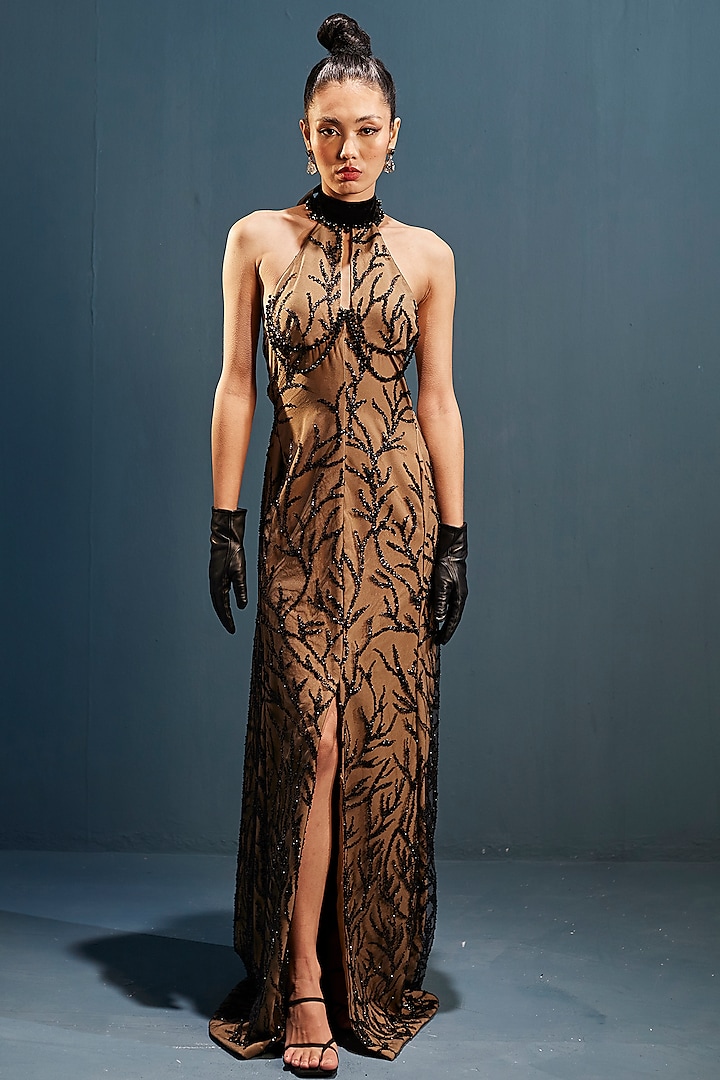 Black Net & Tulle Embroidered Gown by Cedar and Pine
